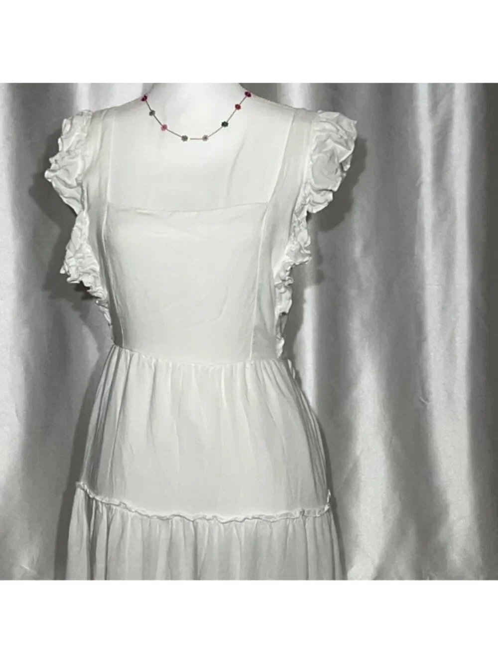 White Ruffle Sleeve Tiered Maxi Dress With Square Neckline size L - Picture 6 of 11